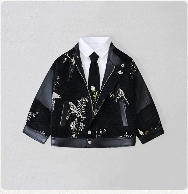 Leather Work Jacket - 신사풍 아동 자수 모터사이클 PU 가죽