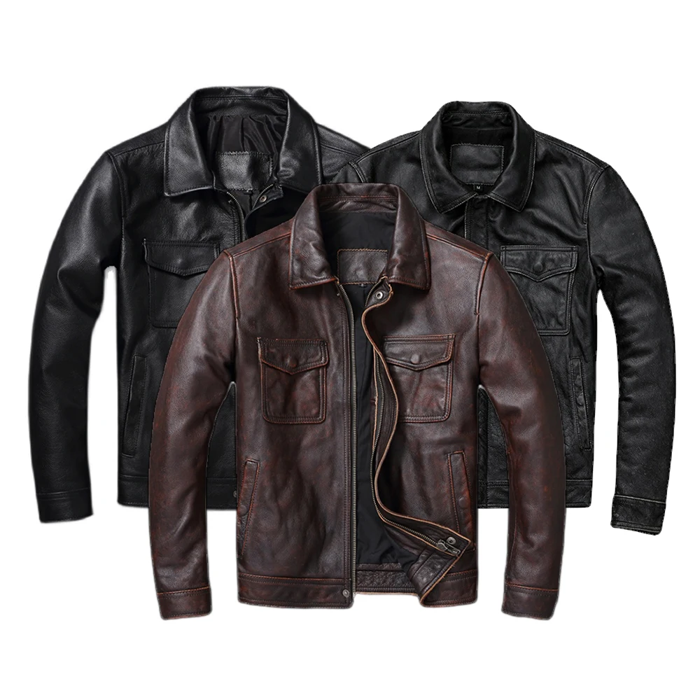 Leather Work Jacket - 빈티지 다크 브라운 레드 천연 가죽