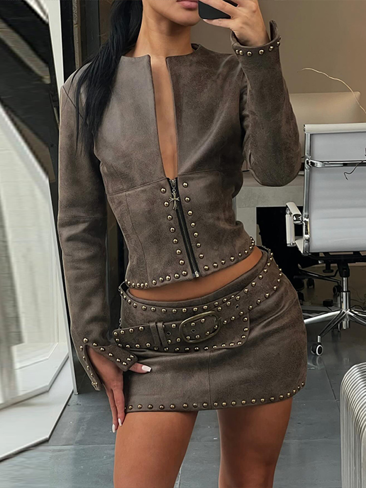 패션 리벳 장식 PU 가죽 자켓 스커트 슈트 여성 지퍼 - Leather Work Jacket 리뷰 및 가격