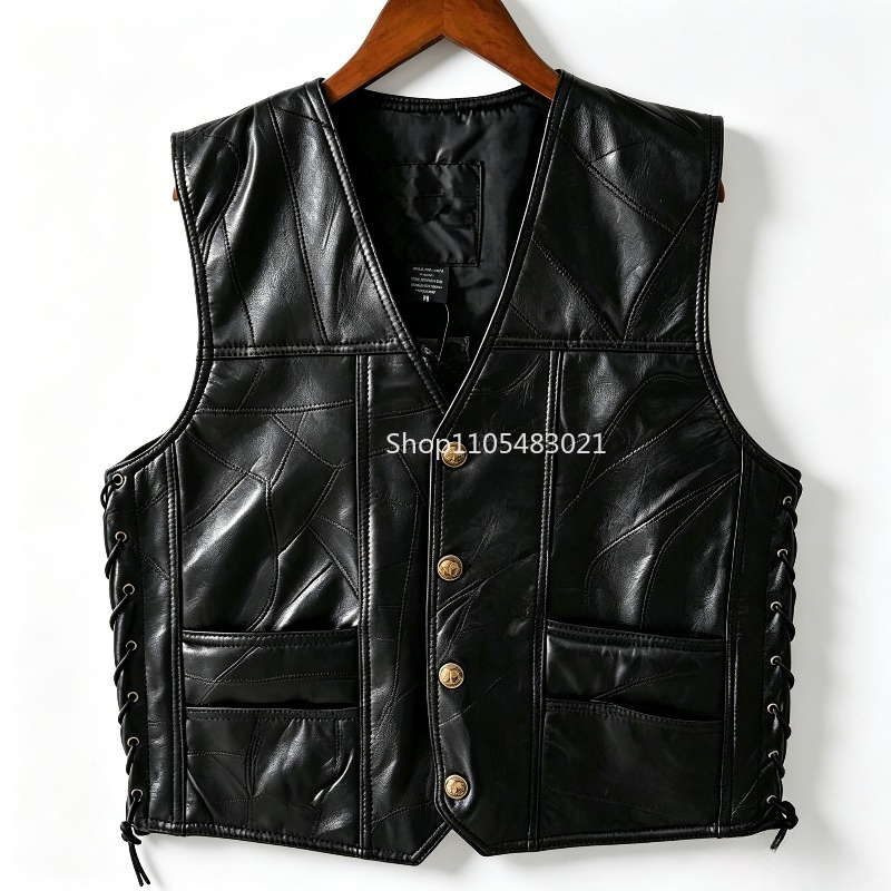 남성용 블랙 패치워크 가죽 바이커 조끼, 버튼업 슬리브 - Leather Work Jacket 리뷰 및 가격
