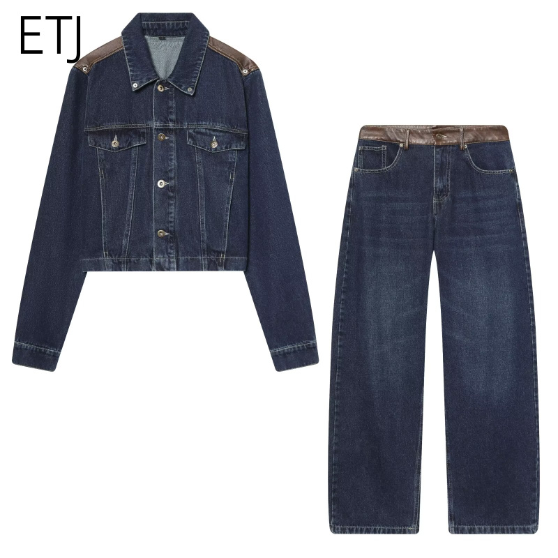 ETJ 여성 데님 재킷 & 청바지 세트 크롭 가죽 패치 - Leather Work Jacket 리뷰 및 가격