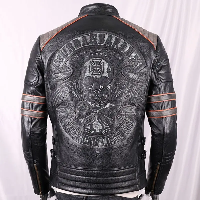 남성용 천연 가죽 재킷, 짧은 스탠딩 칼라, 해골 자수 - Leather Work Jacket 리뷰 및 가격