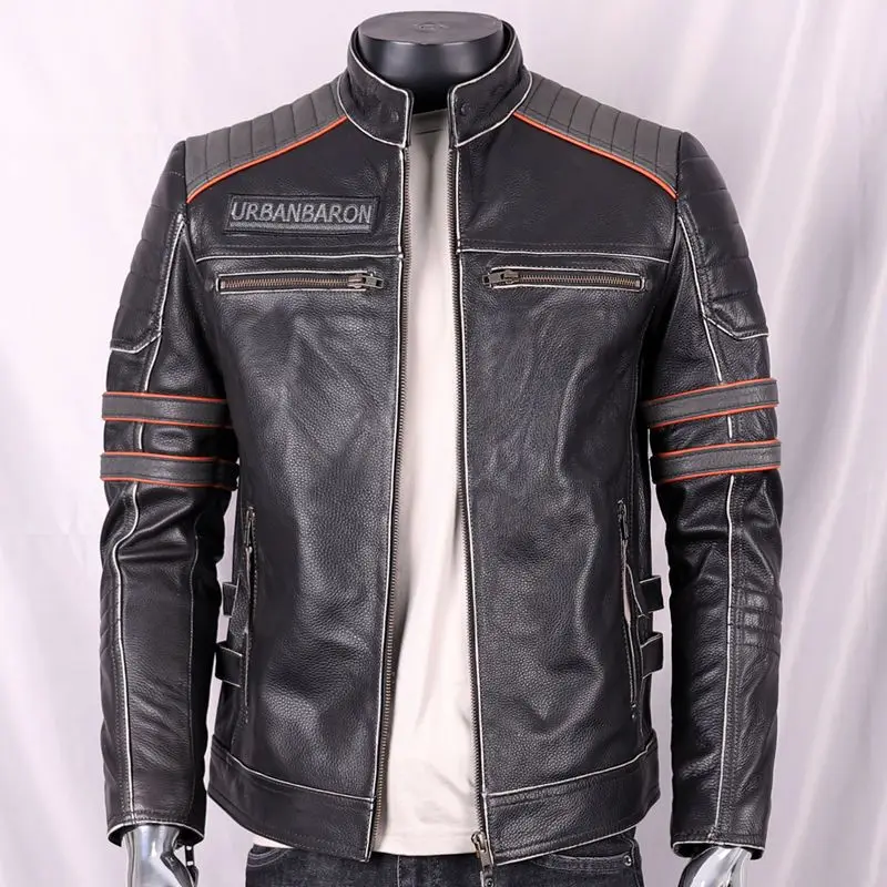 남성용 천연 가죽 재킷, 짧은 스탠딩 칼라, 해골 자수 - Leather Work Jacket 리뷰 및 가격