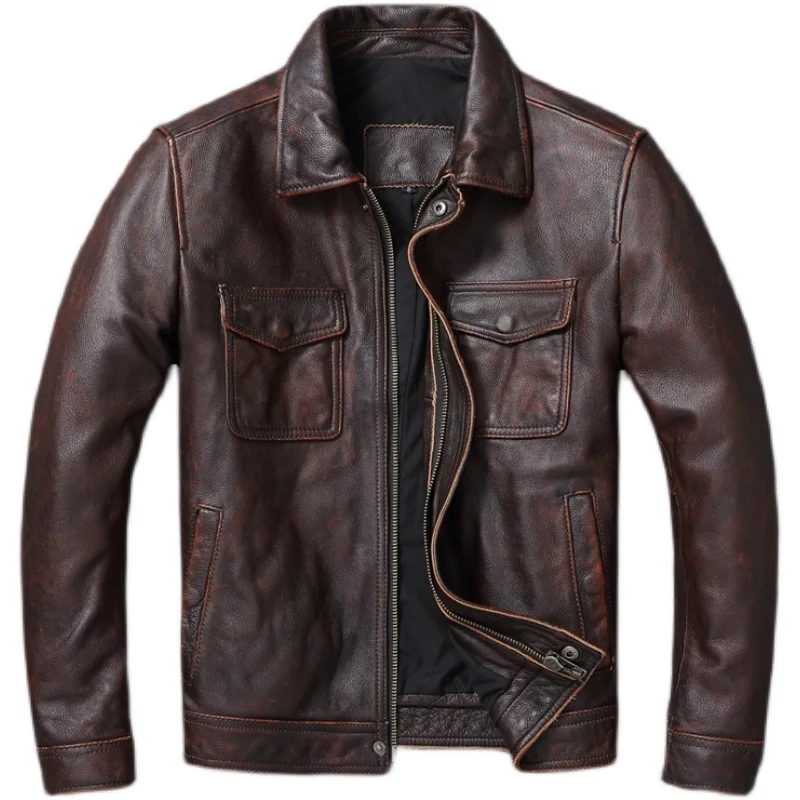 빈티지 다크 브라운 레드 천연 가죽 재킷 남성용, 10 - Leather Work Jacket 리뷰 및 가격